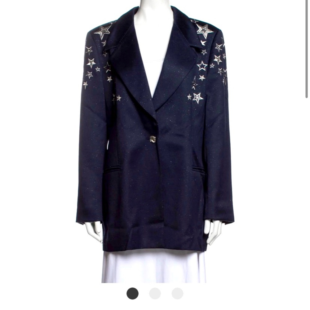 Escada Virgin Wool Blazer. Blue. Embroidered Accent & Pointed Collar.